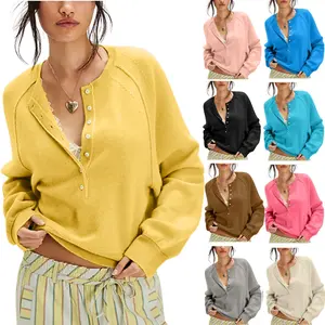 SCUSTY Womens Long Sleeve Knitting Sweater Tops Half Button Sweaters Henley Neckline Casual Lightweight Solid Pullover Knitting Knitting Soft Womenswear
