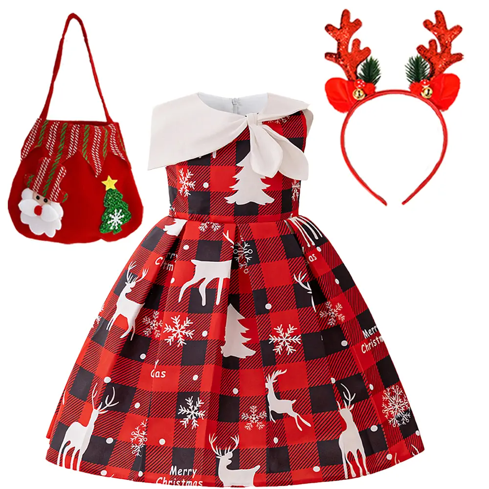 (Dress + all accessories) Christmas black and red plaid elk snowflake print dress Christmas party outfit dress