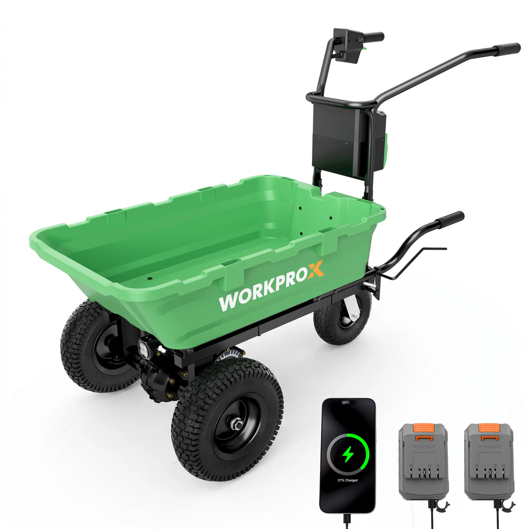 #summersale WORKPROX 40V Brushless Electric Wheelbarrow with Dual 4.0Ah Batteries, 440 lbs Load Capacity, 3-Speed Forward & Reverse, Climbs Slopes Up to 15°, LED Display, Built-in Light & Horn