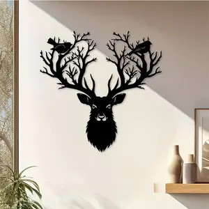 1 piece of retro black painted metal deer head wall decoration with bird - elegant stag and bird design, durable iron wall decoration, suitable for indoor/outdoor gardens, courtyards, living rooms - ideal housewarming gift, Christmas