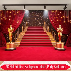 Red Carpet Background Fabric, With Red Staircase And Starry Sky Curtain Design, Polyester Fabric High-Definition Printing, Suitable For Birthday Parties, Courtyards, Home Decoration And Photography Supplies