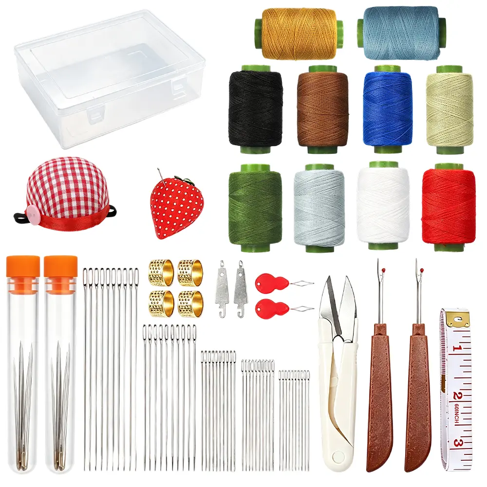 75Pcs Sewing Tool Set, 3000 Yard | Big eye steel needles, 10 thread rolls, strawberry pin cushion, denim hand repair for beginner portable travel craft - Home Improvement.