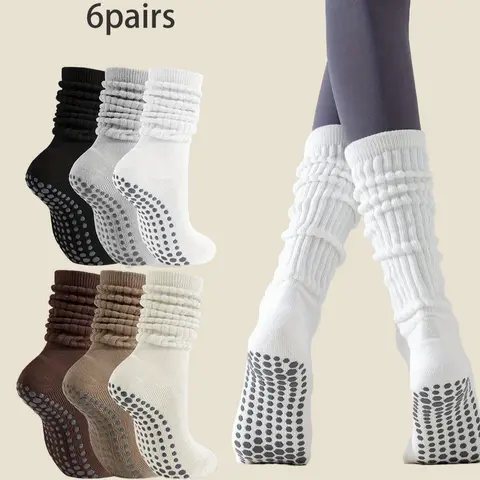 Women's Non-Slip Pilates Socks with Grips - 6 Pairs Crew Athletic Socks, Soft Breathable Sweat-Absorbent Sweat-Wicking, Arch Support, Slouch Design for Yoga, Barre, Running, Back to School Outfits