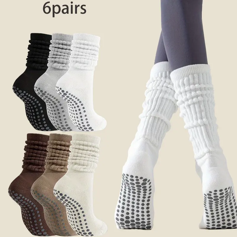 Women's Non-Slip Pilates Socks with Grips - 6 Pairs Crew Athletic Socks, Soft Breathable Sweat-Absorbent Sweat-Wicking, Arch Support, Slouch Design for Yoga, Barre, Running, Back to School Outfits