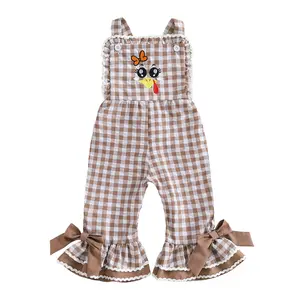 Toddler Baby Girl Halloween Thanksgiving Outfit Sleeveless Pumpkin Turkey Suspender Overalls Pants Gingham Striped Flared Bell Bottoms Romper Jumpsuit