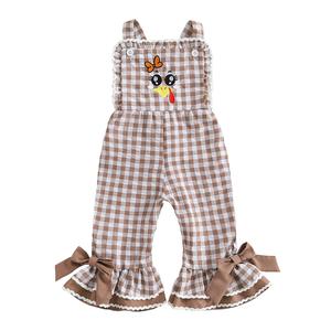Toddler Baby Girl Halloween Thanksgiving Outfit Sleeveless Pumpkin Turkey Suspender Overalls Pants Gingham Striped Flared Bell Bottoms Romper Jumpsuit
