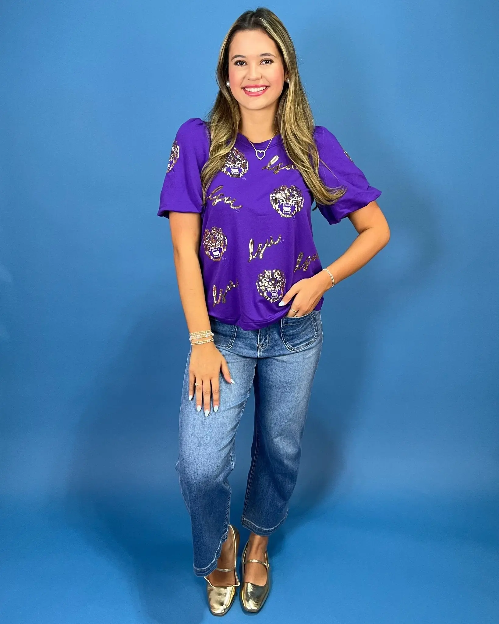 Tailgate Glam Sequin & Embroidery Puff Sleeve Top