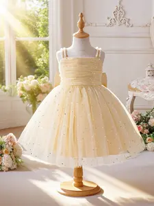 Toddler Girl's Glitter Floral Decor Tulle Overlay Dress, Elegant Cake Smash Party Dress for Girls, Kids Clothes for All Seasons, Spring Summer Dress