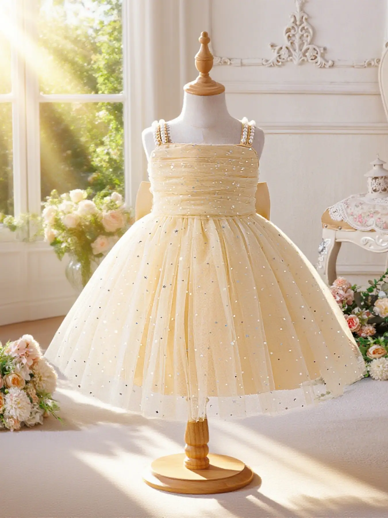 Toddler Girl's Glitter Floral Decor Tulle Dress, Elegant Cake Smash Party Dress for Girls, Kids Clothes for All Seasons, Spring Summer Dress