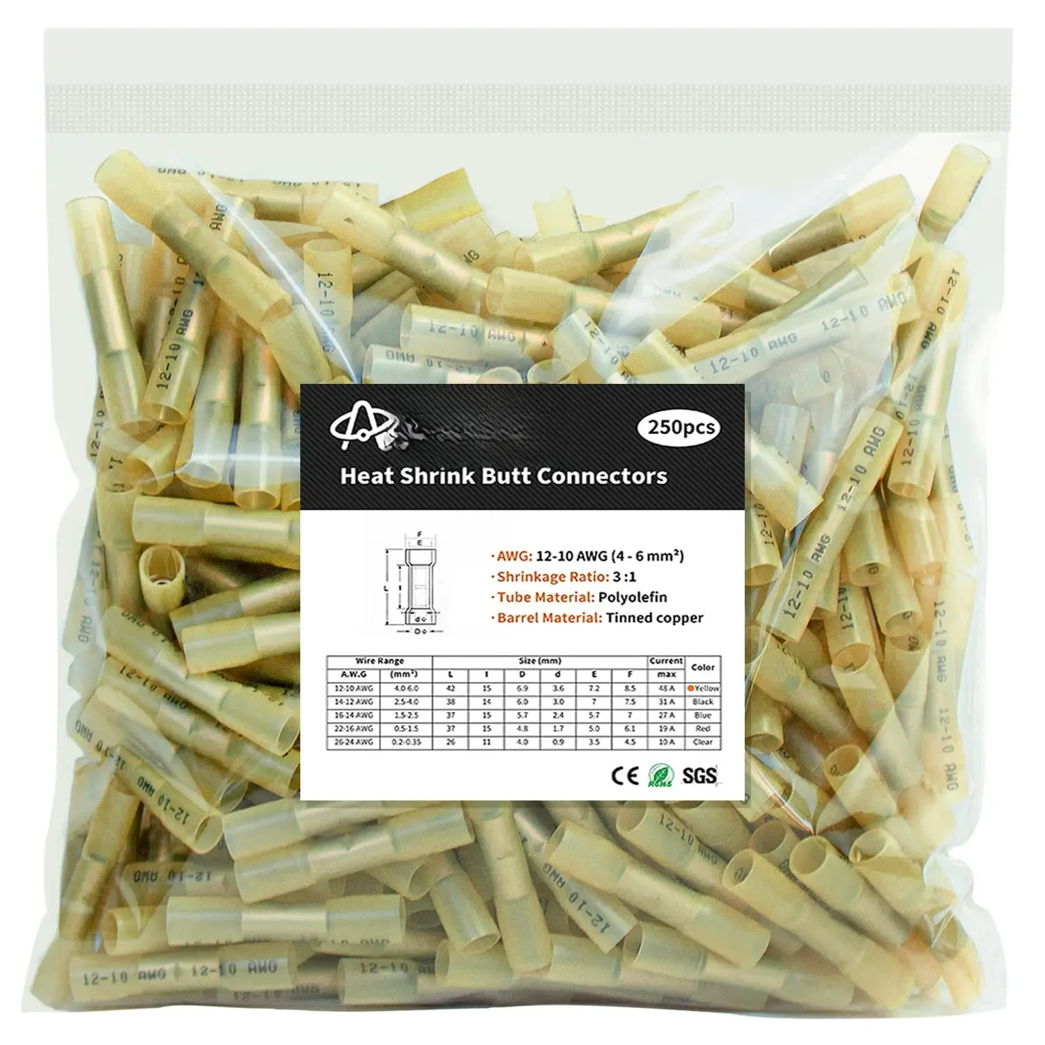 250-Count Synthetic Copper Heat Shrink Wire Connectors, 12-10 AWG 3:1 Ratio Tubing Crimp Terminals, Yellow Plugs for Marine, Automotive Wiring