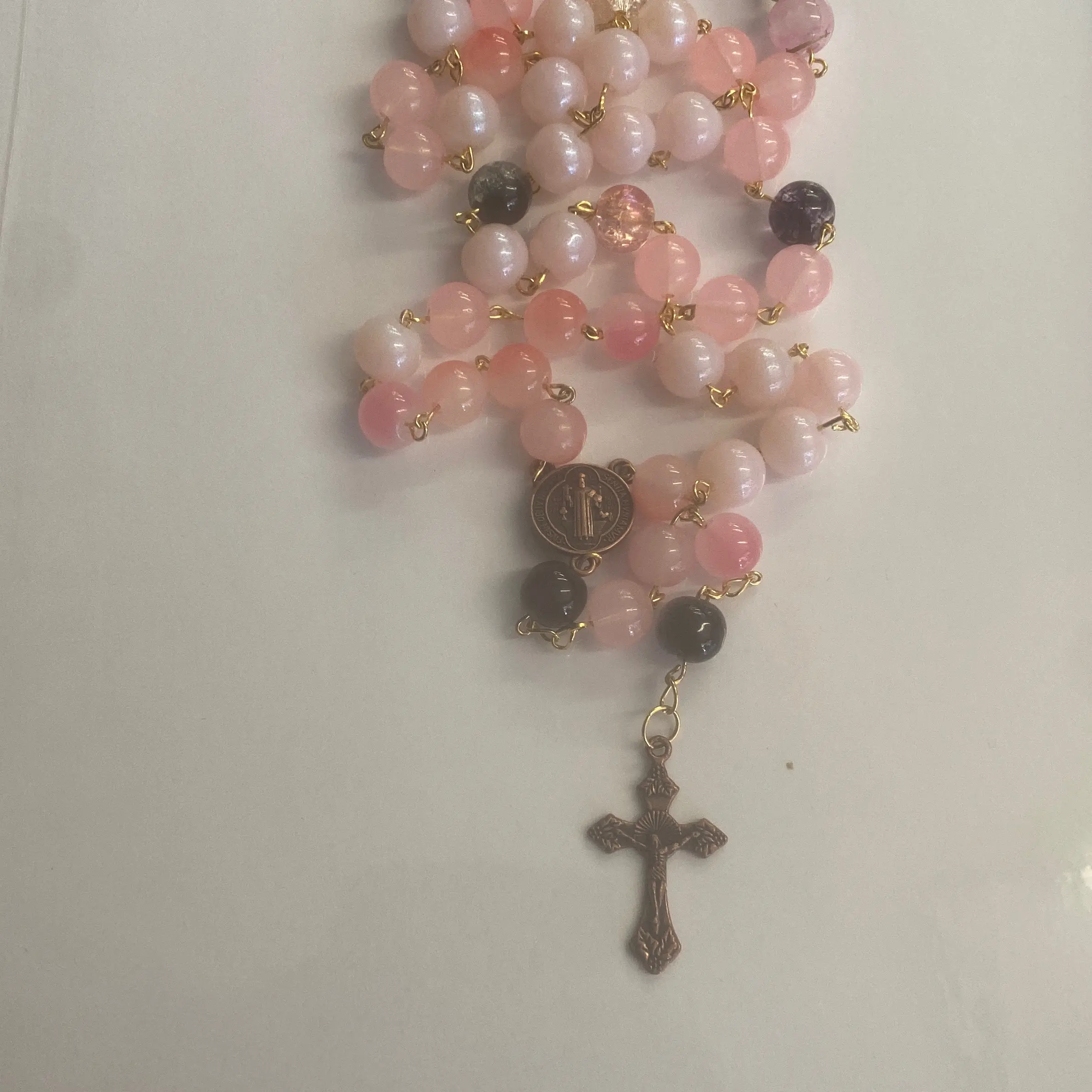 Handmade Glass Bead Rosary with Copper Color Crucifix