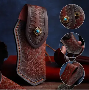 Hand Made Carved Cow Leather Sheath for 5" Folding Knife