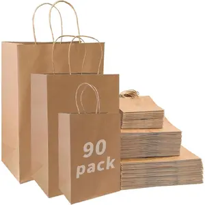 90-Pack Brown  Paper Bags with Handles Bulk, Assorted Sizes  Bags,Grocery,Retail,Party,Birthday,Shopping,Business,Goody,CraftMerchandise Take Out Sacks