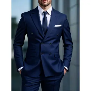 Men's Luxury Solid Color Double Breasted Peak Lapel 2-Piece Suit, Formal Blazer and Trousers for Special Occasions, Sophisticated Stylish Look, Comfortable Durable Material, Versatile All-Season Wear