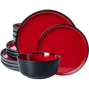 12-Piece Dinnerware Set, and Sets, Luxury 2 tone Red and Black look Dish Set for 4.Christmas Luxury dinnerware dishes set.