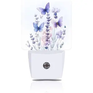 Night Light Watercolor Lavender Flower with Butterfly Night Lights Plug into Wall Smart Dusk to Dawn Sensor 0.5W Energy Efficient Led Lamp for Men Women Bedroom Hallway Stairway Decor