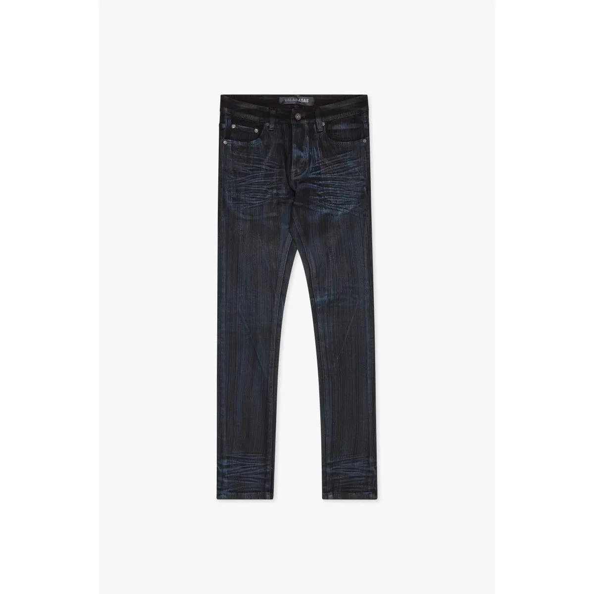 Men's Skinny Fit Denim Jeans - High-Stretch Black with Subtle Blue Undertones Waxed Cotton, Dual Tone, Leather-Like Finish, Casual Streetwear, Pocketed, Zip Closure, Spot Clean, Hang Dry, Signature Valabasas Waistband Branding