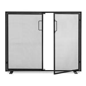 38.5x31 inch Black Fireplace Screen, Hand-Forged Iron Spark Guard with Magnetic Doors for Living Room
