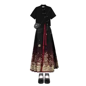 Plus Size Summer New Chinese Style Two-Piece Suit for Women: Stand Collar Shirt with Fold-Neck Buttons, High Waist, Slimming Style, and Horse-Face Skirt