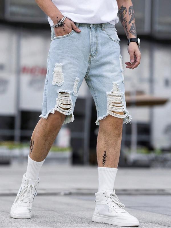Plus Size Men's Casual Fashion Straight Leg Jeans, Street Style Ripped Denim Shorts, Perfect for Summer Daily Wear