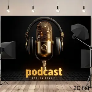 1pc Podcast Theme Banner - Golden Mic Headphones Minimalist Geometric Design Polyester Fiber for Recording Streaming Studio