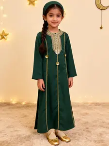 Girls Muslim Style Long Robe Dress, Emerald Embroidered V-Neck, Long Sleeve Comfortable Drape, Perfect for Festivals, Daily, Ramadan