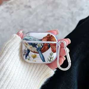 Whale in Bloom Pattern TPU Soft Protective Case for Apple AirPods 4/3/2/1/Pro/Pro2 Transparent Earphone Cover with Keychain Attachment