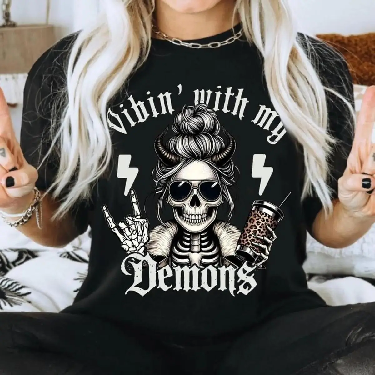 With My Demons Skeleton Tee Gothic Demon Shirt Featuring Dark Humor Proverbs Top Made In USA For Women For Men [Lolly & Lace cotton t-shirt/sweatshirt/hoodie, soft and comfortable]