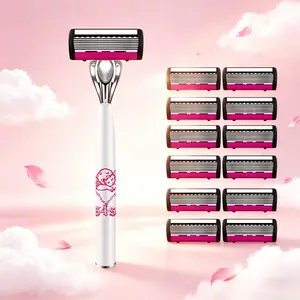 European Style Women's Manual Razor, Progressive 6-Blade Stainless Steel, One-Touch Head Replacement, Smooth and Gentle, Portable Design for Home and Travel, Ideal Gift