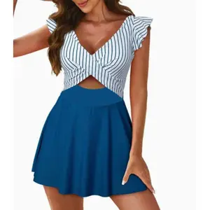 Blue White Striped Flutter Sleeve Swim Dress, Cross Front Cutout One-Piece Swimsuit for Women