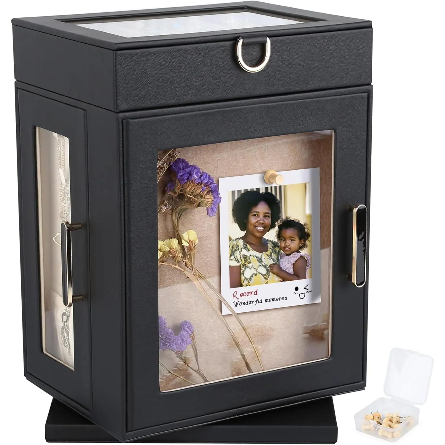 Black PU Synthetic Leather 360-Degree Rotating Minimalist Modern Organizer Box with Felt Shadow Box, Pinboard, Detachable Top Tray, Drawers & Push Pins for Artwork Personalized Accessory Storage & Display