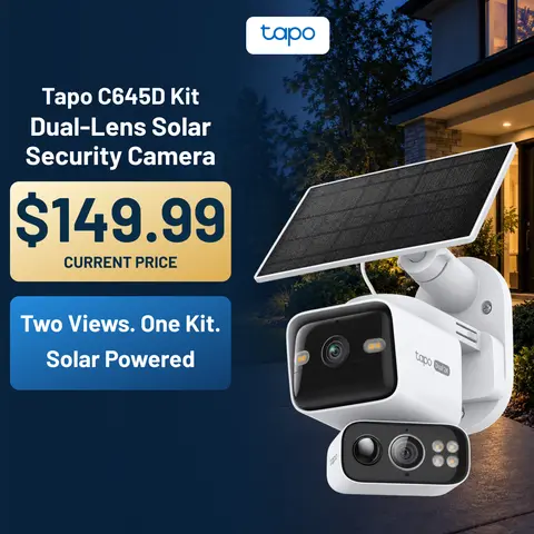 TP-Link & Tapo  C645D KIT Dual Lens Pan/Tilt Security Battery Camera Wireless w/Solar Panel, 2K 3MP 165° Wide-Angle + 6mm Telephoto, Free Person/Vehicle Detection, 360° Pan, SD/Cloud Storage, Works w/Alexa & Google  #SummerWins #DealsForYouDays, Wi-Fi