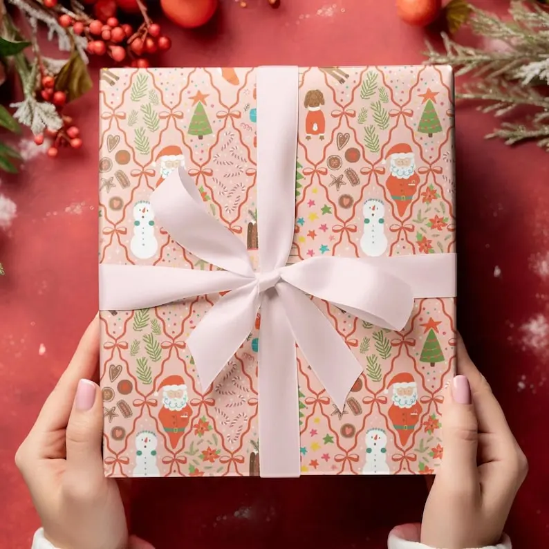 Cute Pink Christmas Bow Wrapping Papers, Santa Claus Gift Wrapping Paper, Gingerbread Cookies Gift Wrap, Retro Xmas Gift Wrap For Kids