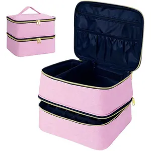 Nail Polish Organizer, Handheld Double Layer Organizer Holds 30 Bottles (15 ml/0.5 floz) with Adjustable Dividers for Nail Polish Small Manicure Lamp Manicure Tools Essential and Travel,Pink Gold