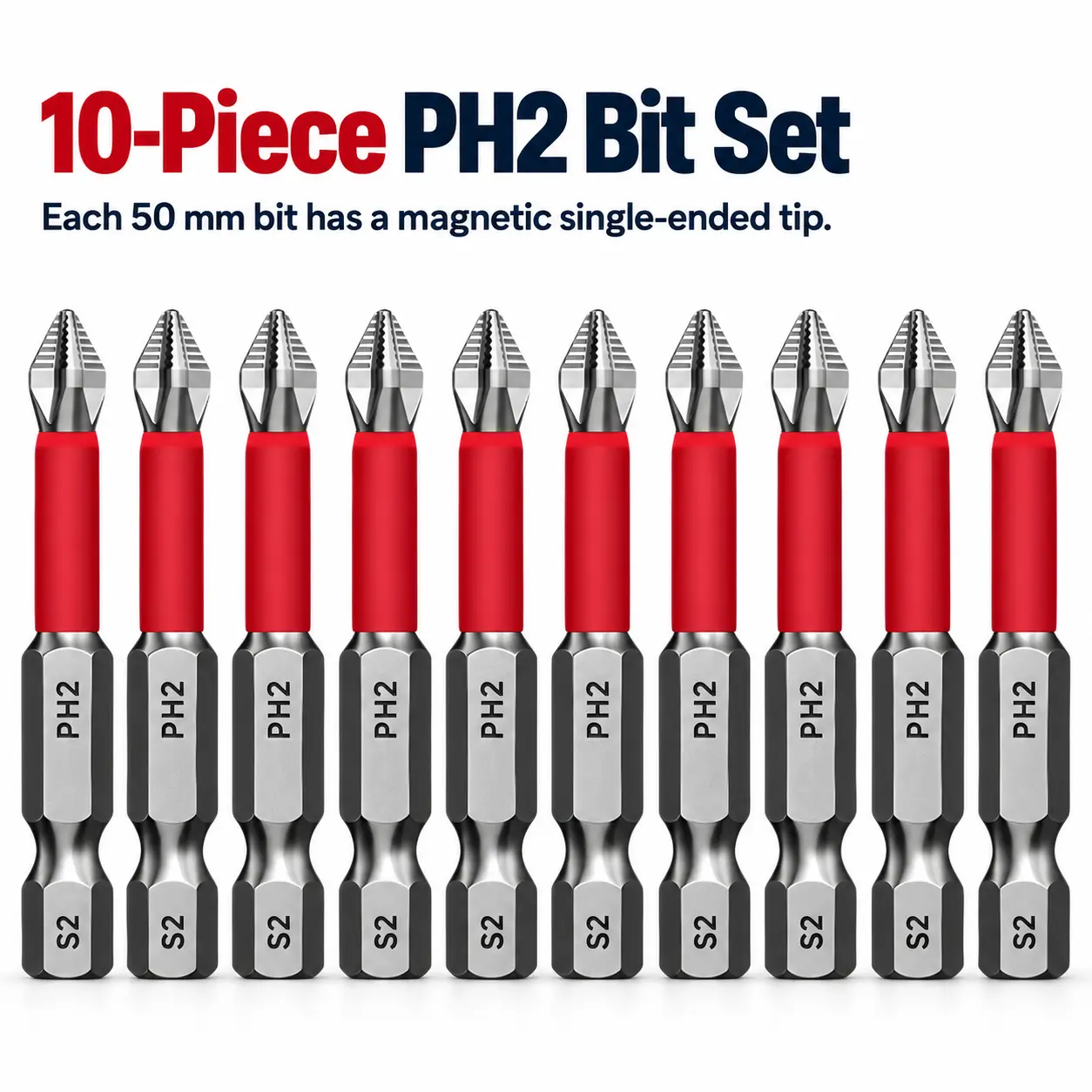 10-Piece 50 mm Magnetic PH2 Screwdriver Bit Set, Single-Ended Anti-Slip S2 Bits with Hex Shank for Drills, Impact Drivers and Bit Holders