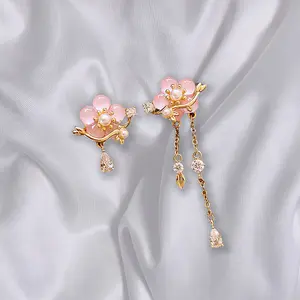 Unique Tassel, Charming Pink Peach Blossom Asymmetric Tassel Earrings - Cute and Coquettish Style, Rhinestone Embellishment, Alloy Craftsmanship, Suitable for Daily and Party Wear