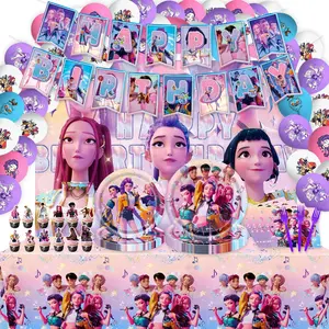 HUNTR/X Ultimate K-Pop Birthday Party Kit with Decor Tableware Balloons Plates Cupcake Toppers Happy Birthday Banner & Backdrop Full-size Table Cover for Fans Inspired by K-Pop Demon Hunters