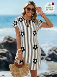 Women's Short Sleeve V Neck Striped Floral Print Tunic Dress, Black White Loose Fit Boho Flowy Casual Shift Dress, Elegant Chic Summer Outfit for Beach, Vacation, Daily, Brunch, Travel, Trendy Streetwear for Ladies
