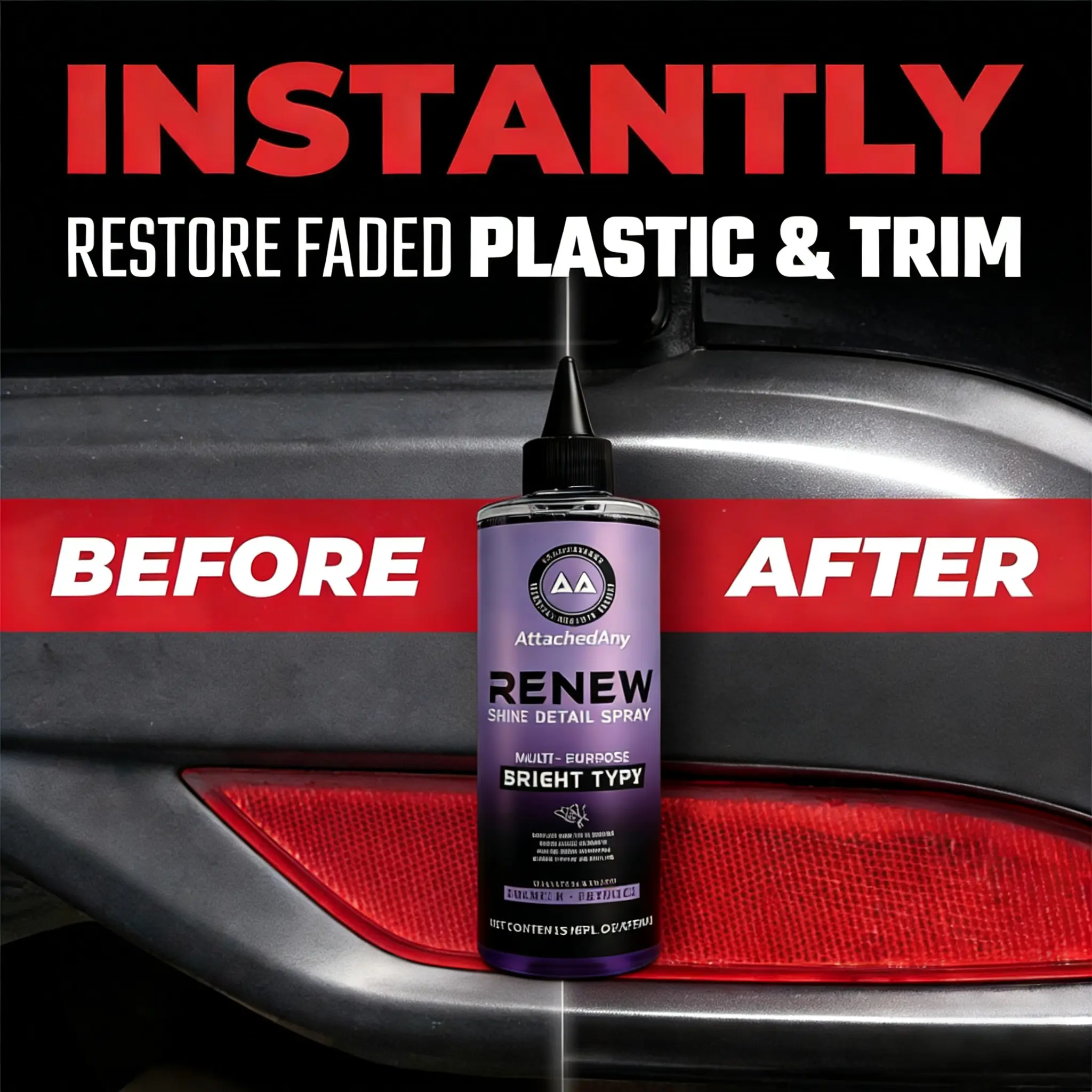 AttachedAny Plastic Restorer - Car Surface Cleaner with Waxes, Fresh Scent & Glossy Finish for Cars, Fixes Interior Trim Black Shine Renewal, Steering Wheel Wear, Plastic/Tire Issues & Exterior Surface Damage, Protects