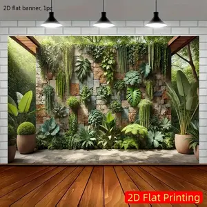 2D planar banner. Luxuriant climbing plant polyester material landscape banner - a realistic green plant wall, featuring succulent plants, ivy and giant bamboo leaves, suitable as a background for homes, gardens, and studios. wwx