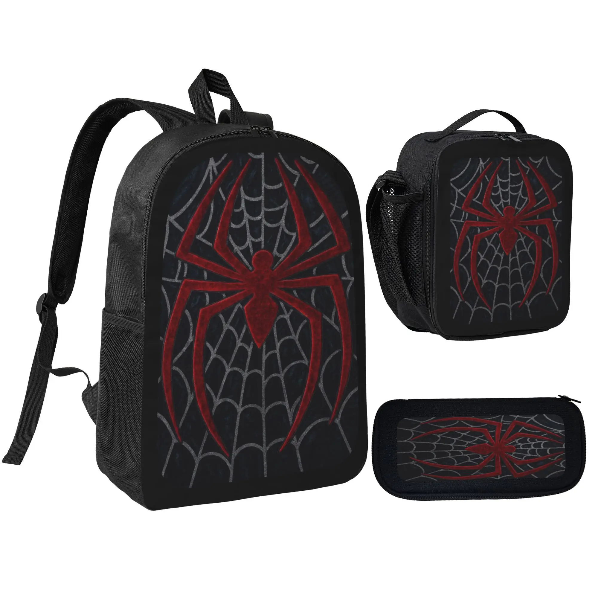 Spider Inspired Backpack Set 3PCS, Dark Red Black Web Pattern School Backpack with Lunch Bag & Pencil Case, Lightweight Travel Bookbag for Kids Teens, Anime Comic Style Daily Bag