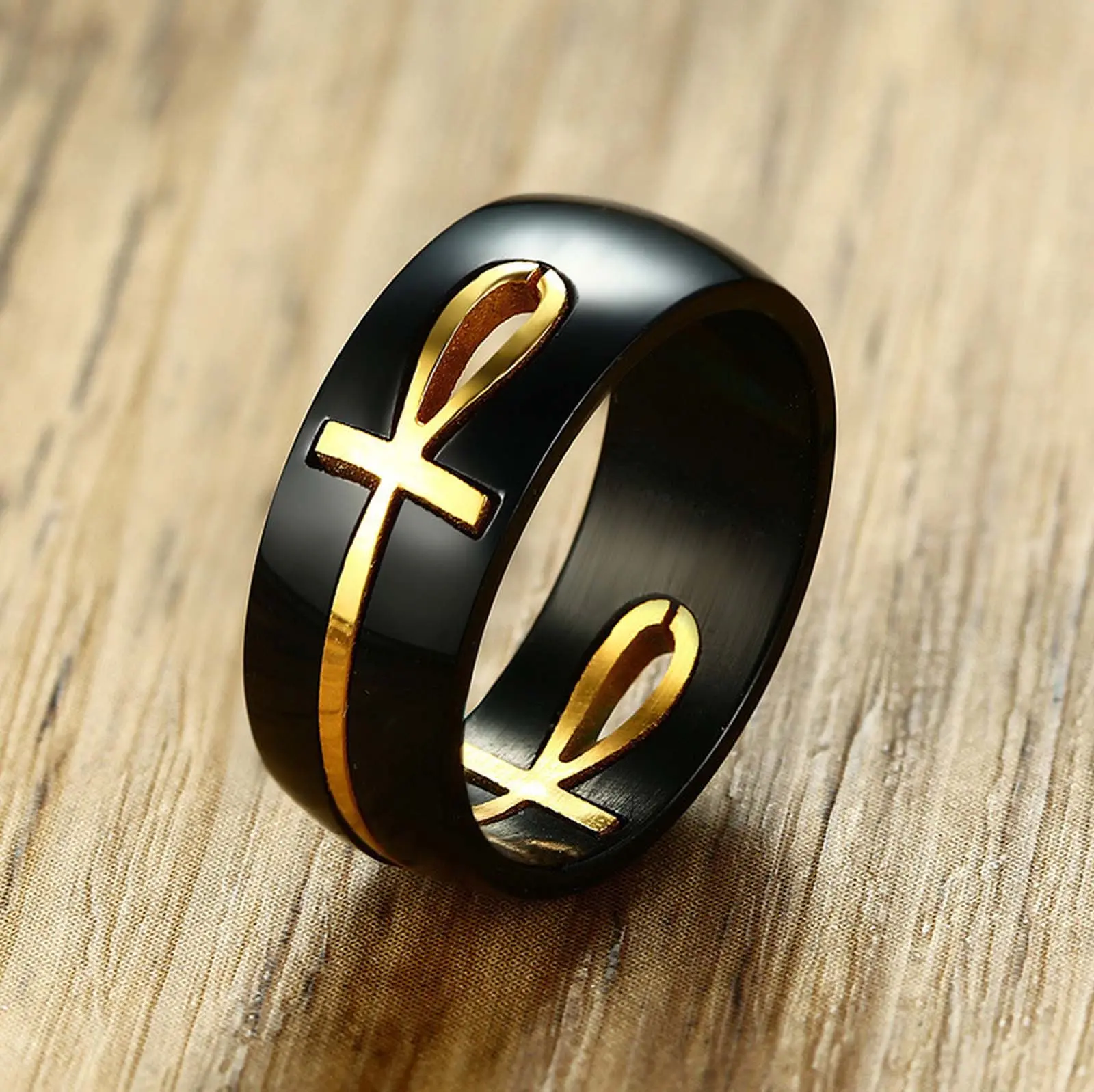 Punk Style Ankh Cross Ring - Black & Golden, Detachable Design, Cold-Toned Versatile Artificial Gemstone Jewelry, Ideal Religious Motif Gift Accessory, Punk Style Ring, Cross Rings