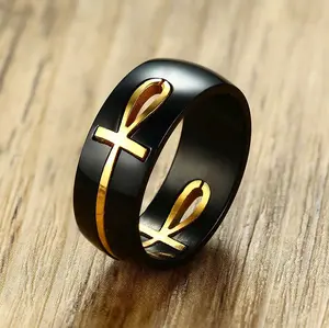 Punk Style Ankh Cross Ring - Black & Golden, Detachable Design, Cold-Toned Versatile Artificial Gemstone Jewelry, Ideal Religious Motif Gift Accessory, Punk Style Ring, Cross Rings