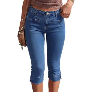 POTILI Women's Low Rise Capri Jeans Stretch Skinny Denim Capris Pants for Women with Pockets Side Split Hem