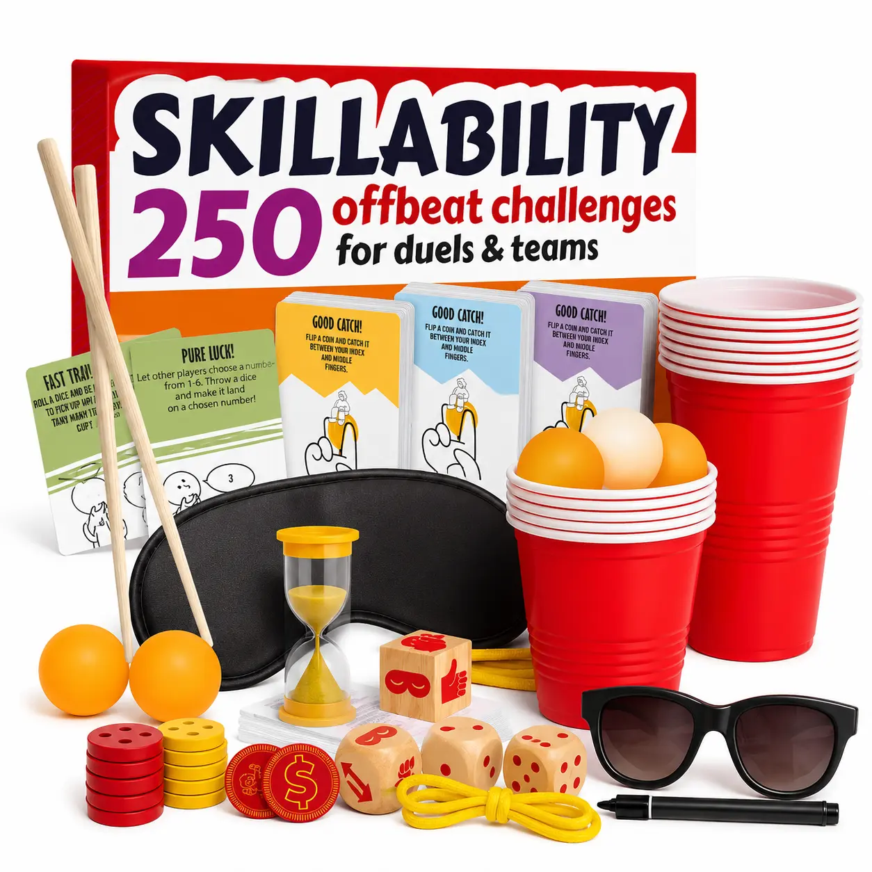 QUOKKA Skillability Challenge Tabletop Board Game Set - 250 Fun Task Cards, Versatile Kit, Strategy Games for Ages 8+ Kids & Family, Tabletop Games