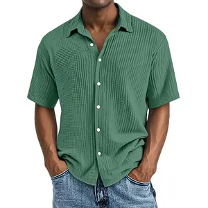 Summer Men's Cotton Short-Sleeved Lapel Shirt Double-Layer Pleated Casual Classic Menswear Breathable Fabric Navy Purple Stylish