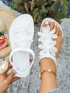 Black 3D Floral Sandals, Soft Non-slip Sole, Comfortable for All Day Wear, Wide Feet Friendly Vacation-style Women's Shoes