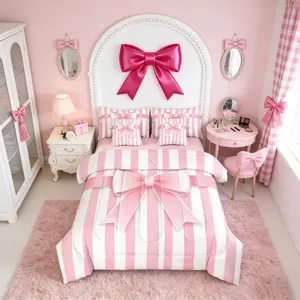 Pink Bowknot Bedding Set,Kawaii Ribbon Bow 7-Piece Bed in A Bag,Cute Bow Tie Sheets and Pillowcases,Geometric Line Stripe Bed Set,for Kids Girls