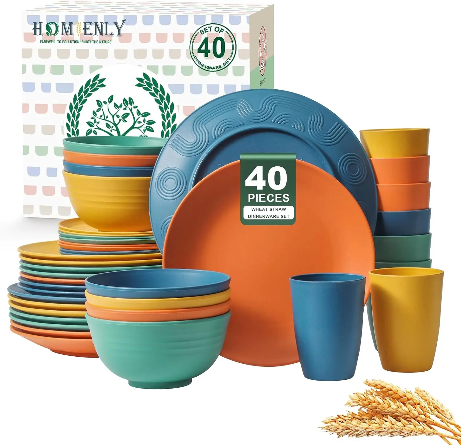 40-Piece Premium Wheat Straw Dinnerware Sets, Service for 8, Unbreakable Plates and Bowls Set - Cups Sets, Dinner Plates, Bowls for Kitchen,Dishwasher and Microwave Safe Dishes Set - Multi