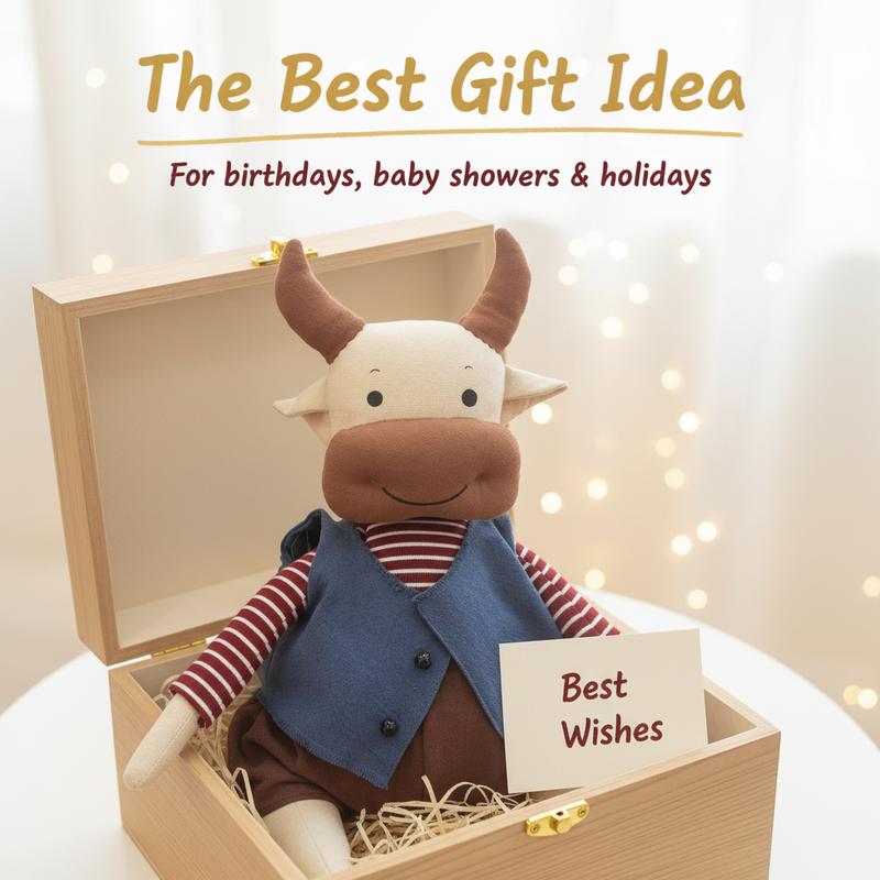 "Playful Cow Plush Toy – Made of soft fabric with a cozy touch, it’s the perfect snuggle buddy for little ones and a charming home decor accent. Ideal for gifting, like birthday presents!